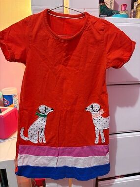 Red Girls' Dog Appliqué Dress with Colorblock Hem